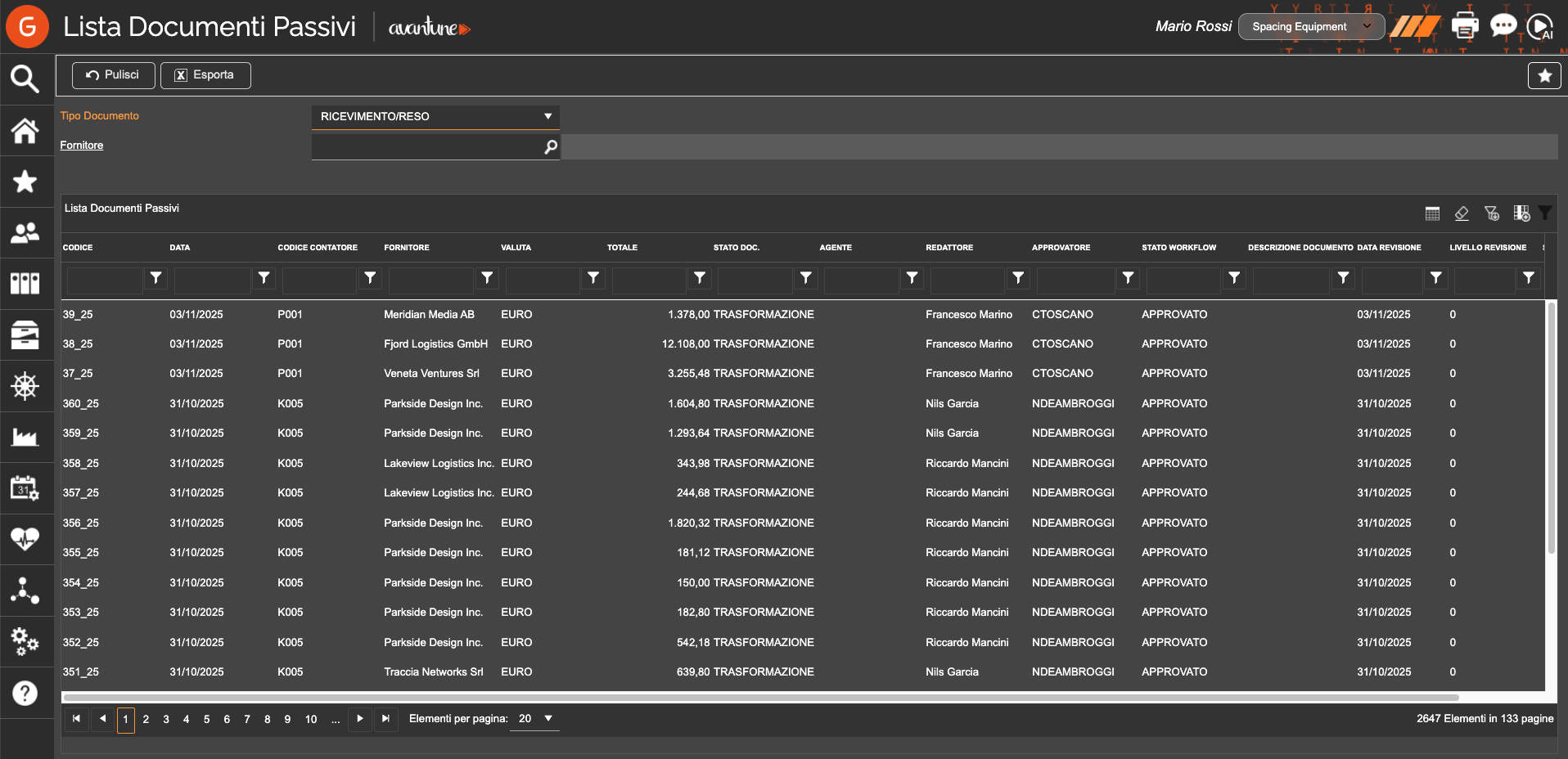 Supplier document list with workflow status and approver in Genialcloud Proj